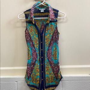 Alberto Makali large Blue Gold Sleeveless Button Down Blouse top